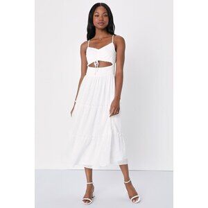 Lulus Flirting With Sunshine White Swiss Dot Cutout Tiered Midi Dress - Size S